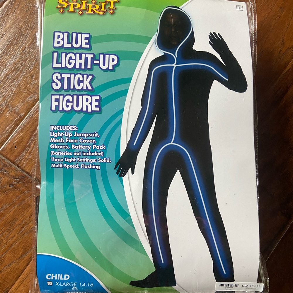 Kids blue light up stick figure Halloween costume. Size xl